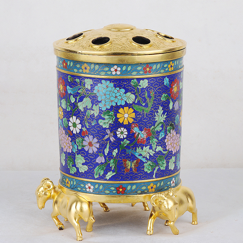 銅鎏金掐絲琺瑯花蝶紋香筒